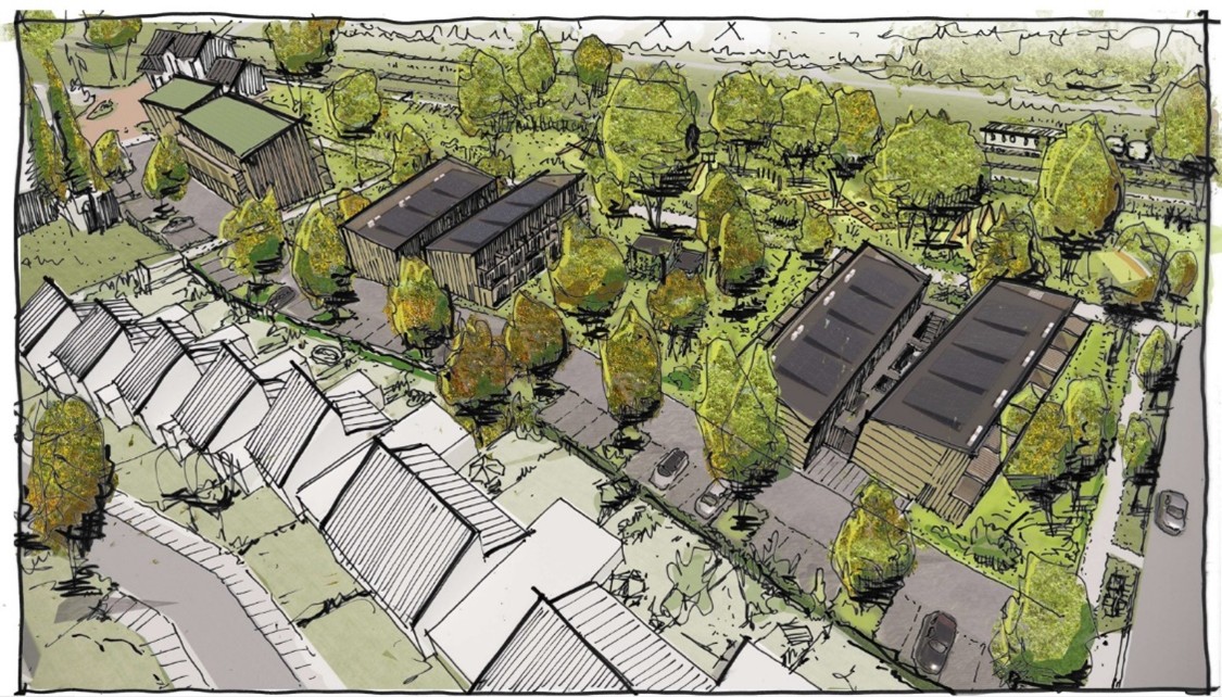 Schets vogelvlucht gezien vanuit het zuidoosten (op de voorgrond met wit de bestaande woningen aan de Ter Eycken)