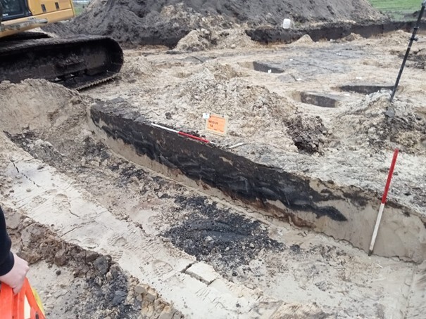 Een zogenaamde potstal: grote kuil waarin de mest werd opgevangen/verzameld en vermengd met plaggen. De structuur van de plaggen is nog duidelijk herkenbaar. 