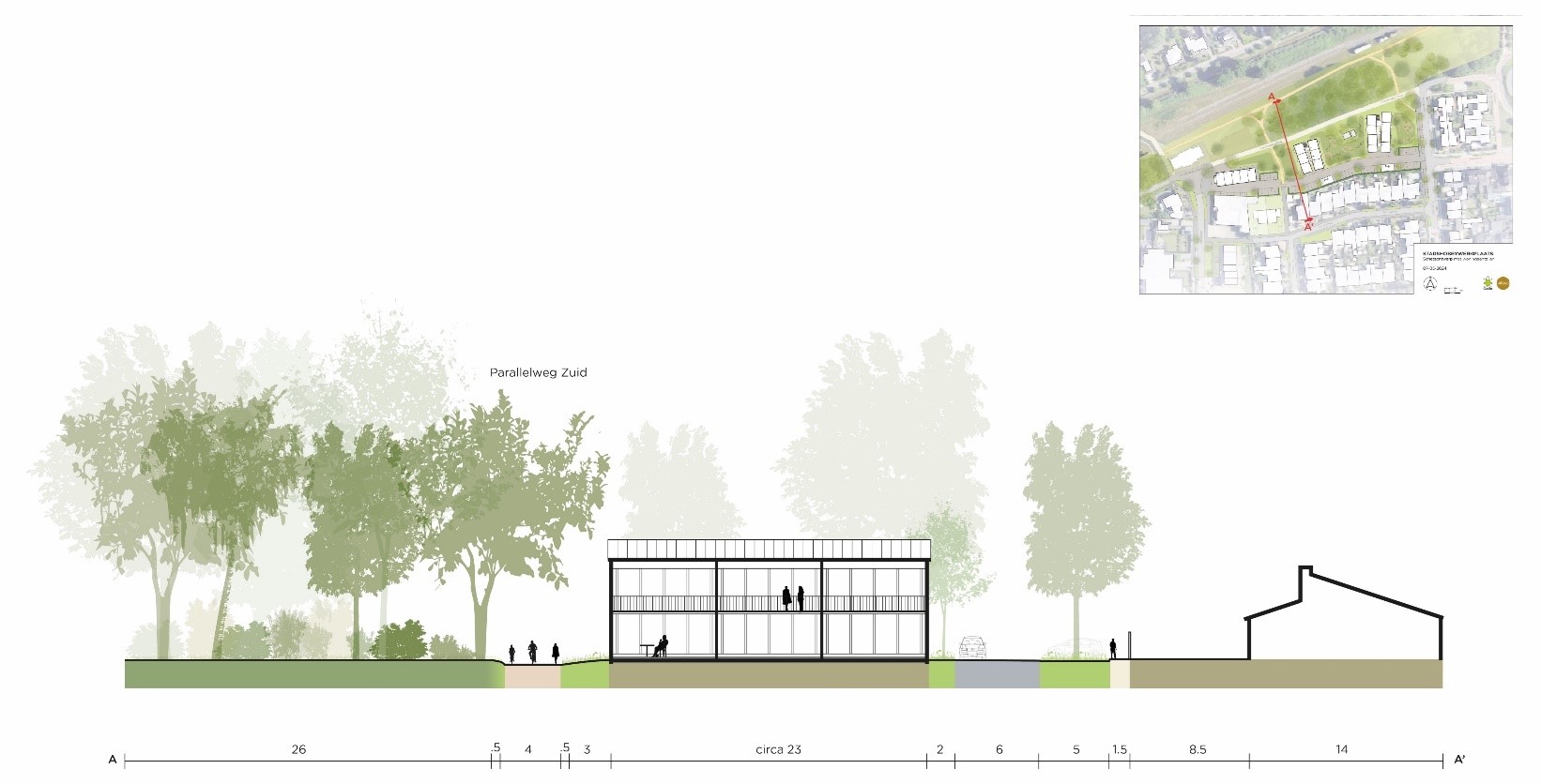 Dwarsprofiel sociale huurwoningen, haaks op Ter Eycken