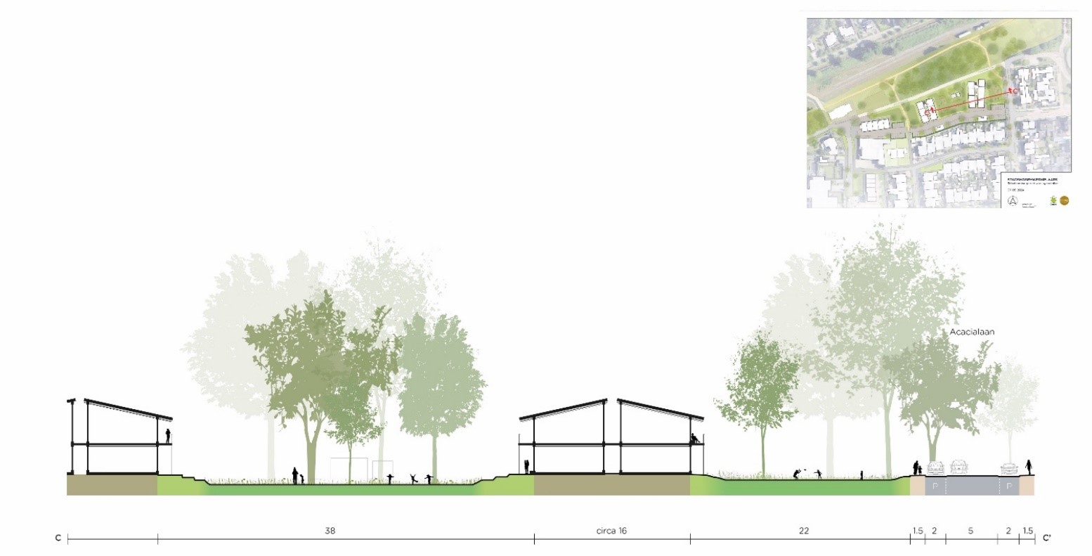 Dwarsprofiel sociale huurwoningen, parallel aan Ter Eycken